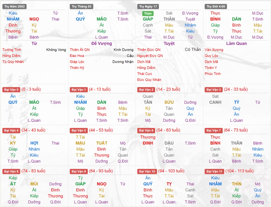 Xem Tứ Trụ Nữ 2002, Tứ trụ tuổi Nhâm Ngọ, Xem bát tự Nữ 2002, Bát tự Nữ 2002, Xem màu sắc hợp 2002, bát tự Nữ 2002, bát tự tử bình Nữ 2002
